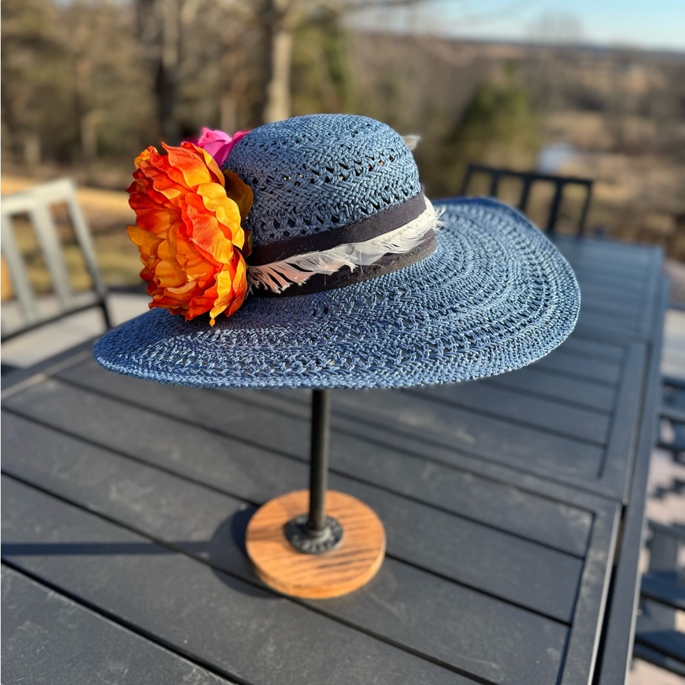 Elegant Blue Summer/Derby Party Hat with feathers & Pink and Orange Flowers - Picture 4 of 5